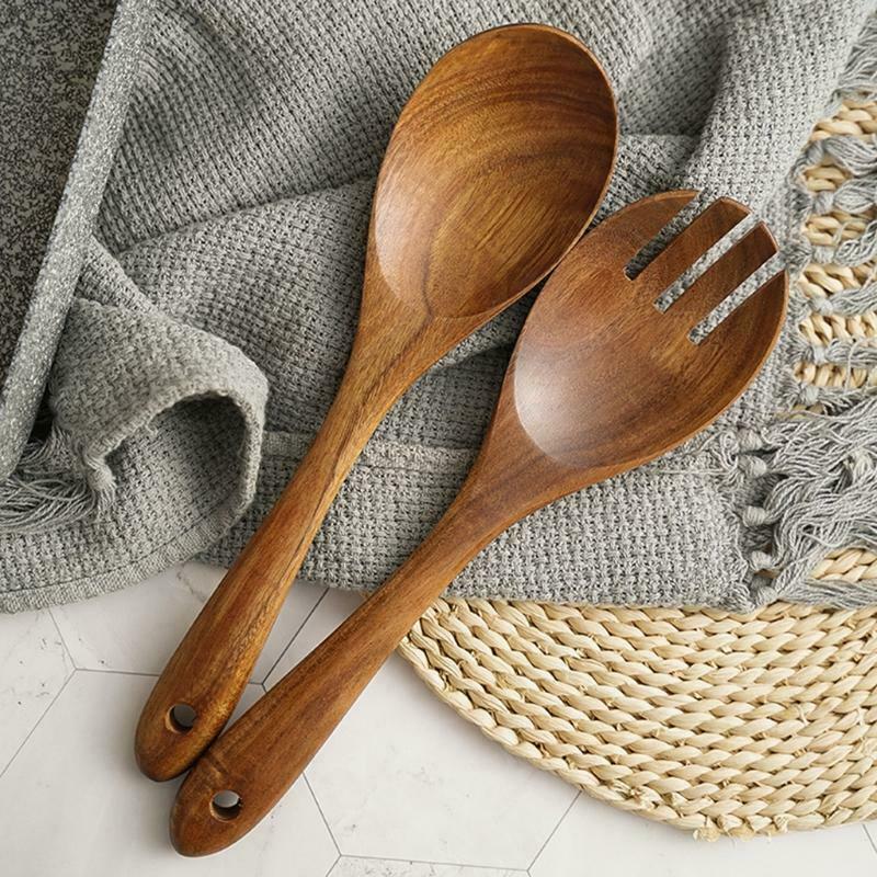 2Pcs Wooden Salad Servers Spoon Fork Set Long Handle Cooking Untensil Cutlery