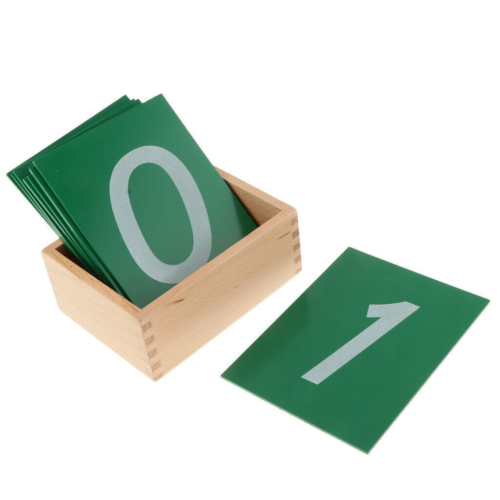 Montessori math learning game, wooden box with 0-9 number cards (green)