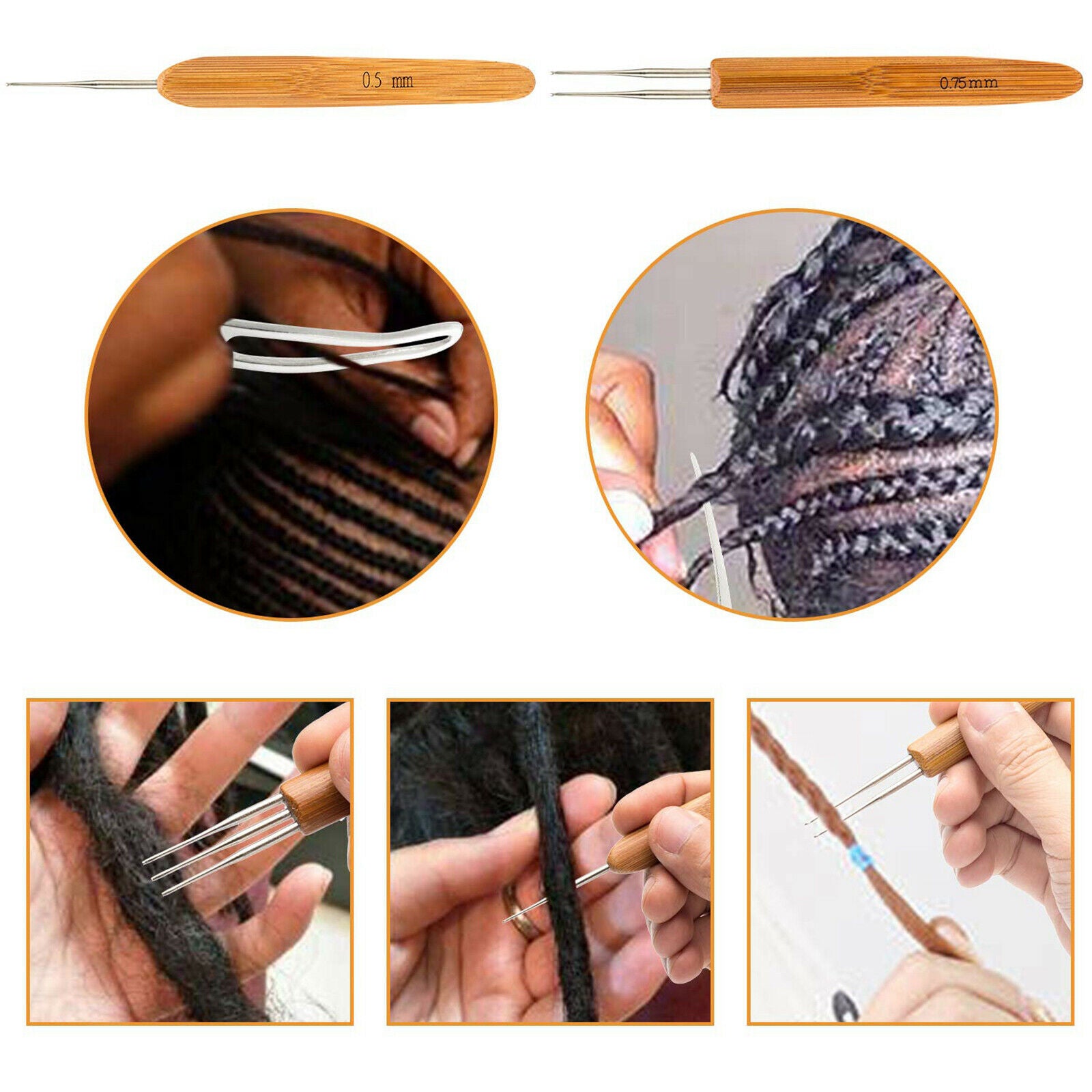 8Pcs Bamboo Crochet Crochet Handle Hook Dreadlock Knit Hair Making Braiding
