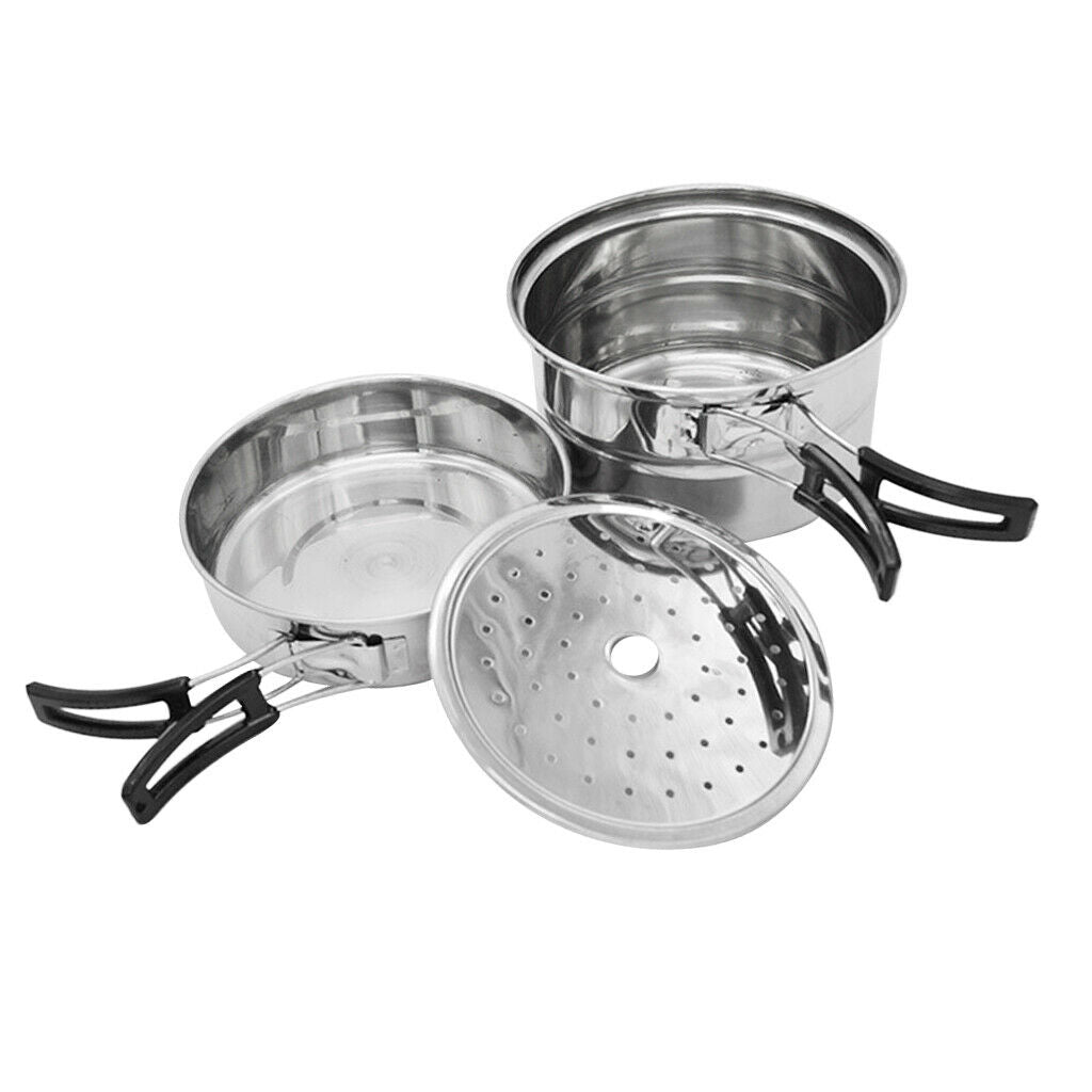 Stainless Steel Camping Cookware Set Soup Pot Pan & Steaming Rack Outdoors