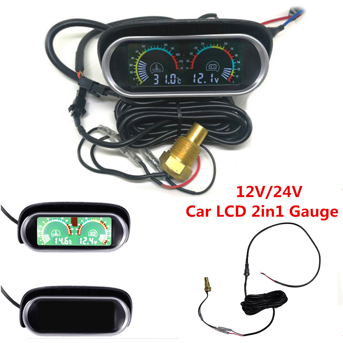 Horizontal 9-36V LCD Digital Car Voltage Gauge Water Temperature Meter+Voltmeter
