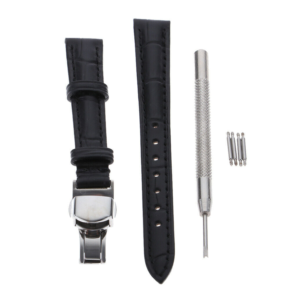 Watch Band Leather Replacement Belt Buckle Accessory Black with black line