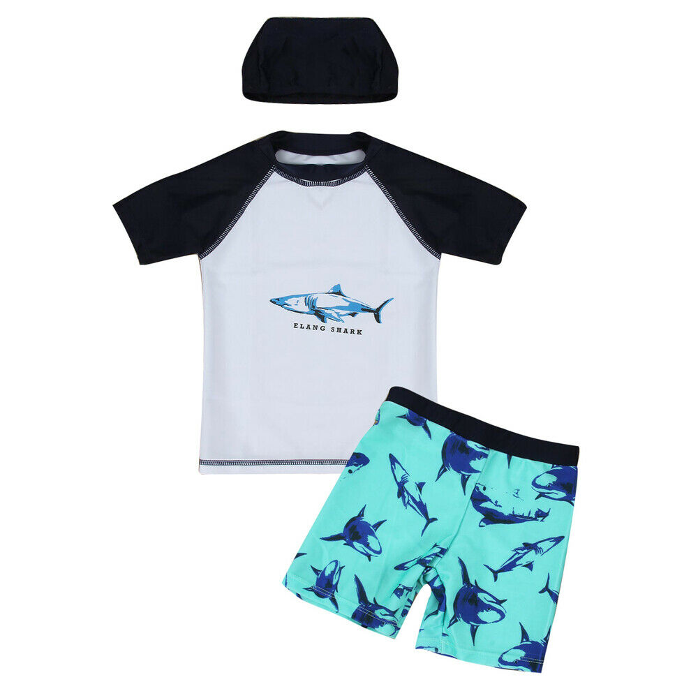 3pcs Kids Boy Swimwear Swimsuit Bathing Suit T-Shirt+Shorts+Cap Swimming Outfit