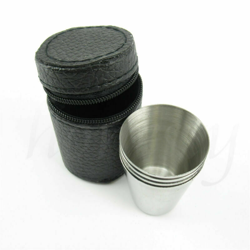 5Sets Camping / Travel Stainless Steel Shot Glass Set with PU Leather Case Cover