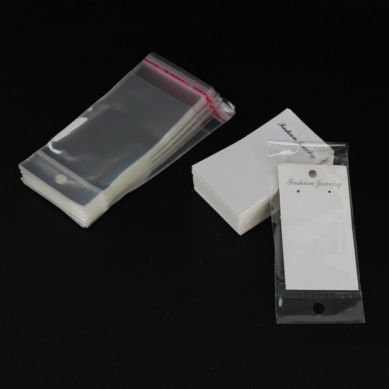 Jewellery 100 x White Plain Ear Display Cards & Self Adhesive Bags P5G4G4