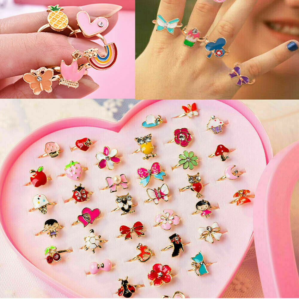 20Pcs/Set Girl Kids Cartoon Adjustable Rings Crystal Ring Jewelry Cute Xmas Gift