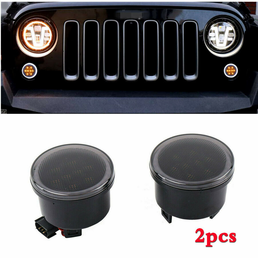 Pair Car Grill Turn Signal Light LED Amber+White Halo Ring For Jeep Wrangler JK