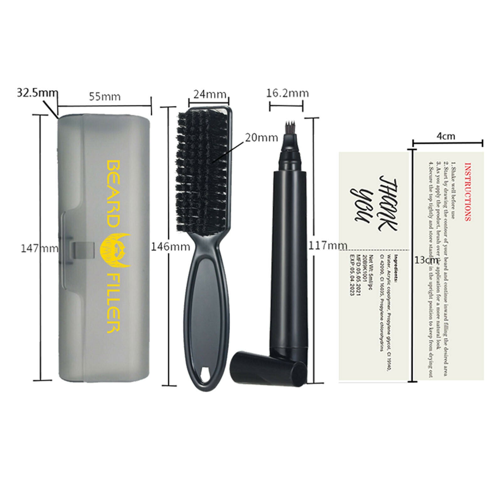 Beard Filler For Men Beard Pen & Beard Brush Natural Finish Pack black