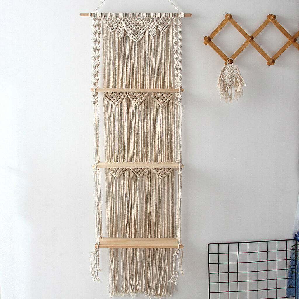 Handwoven Tapestry Macrame Wall Hanging Shelf Decor 3 Tiers Home Storage