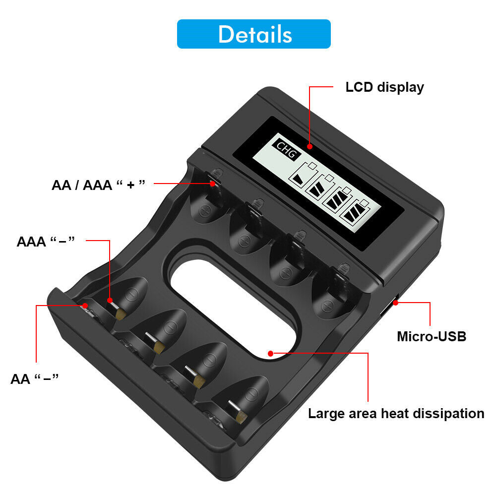 4 Slot Battery Charger for 1.5V AA/AAA 3.7V Li-ion Rechargeable Batteries LCD