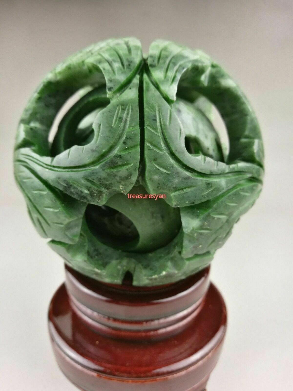 Chinese old green jade carved fengshui dragon ball magic with wood base