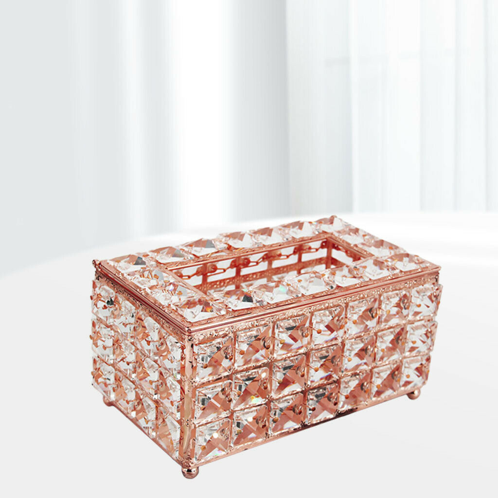 Rectangular Crystal Facial Tissue Box Cover Metal Holder for Desk Table Rose