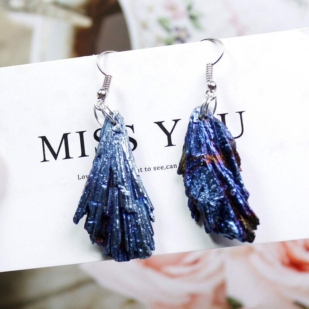 Pair Natural Titanium Rainbow Quartz Earrings Irregular Broom Shape Dangle Hoop