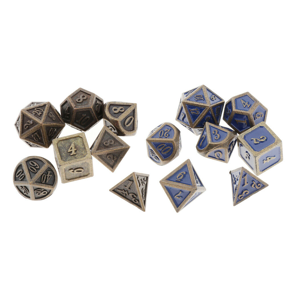 14Pcs Polyhedral Metal Dice for Dragon Scale MTG Board Games Bronze&Blue