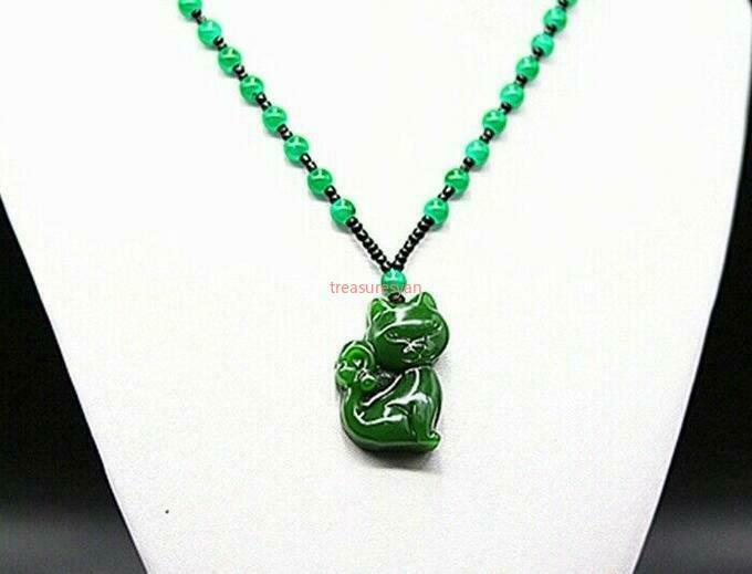 Green Jade Cat Pendant Necklace Gifts Carved Jewelry Jadeite Natural Amulet