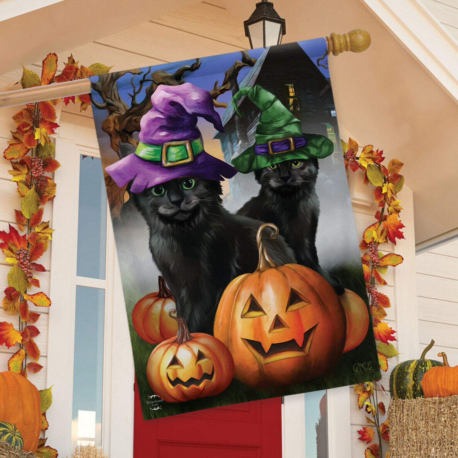 Kittens Halloween House Flag Jack o'Lanterns 28" x 40" Briarwood Lane