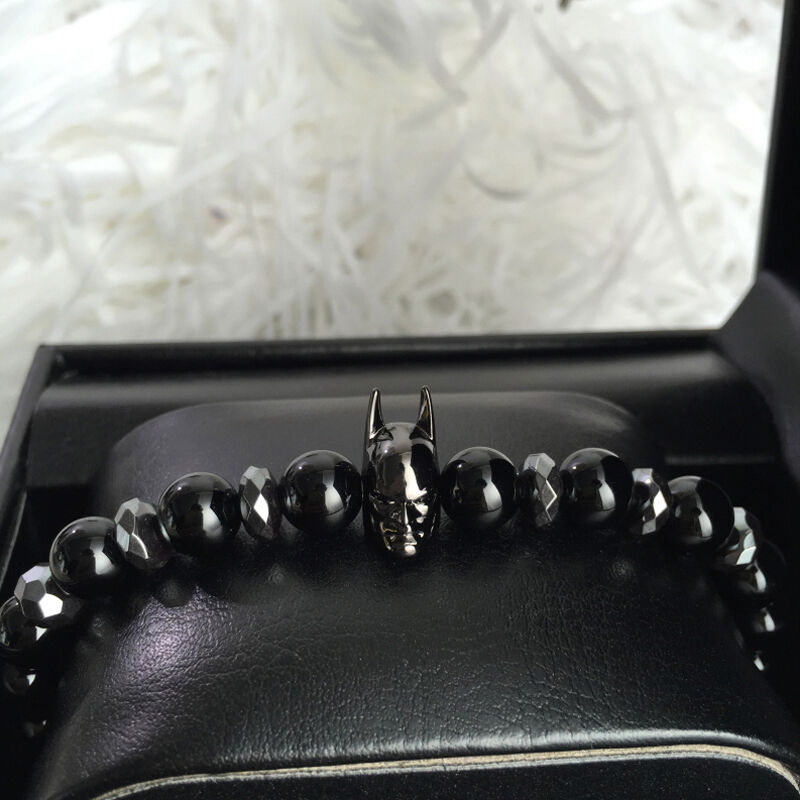 Charm Black Batman Bracelet Men 8mm Black Natural Onyx Round Male Bead Bracelets