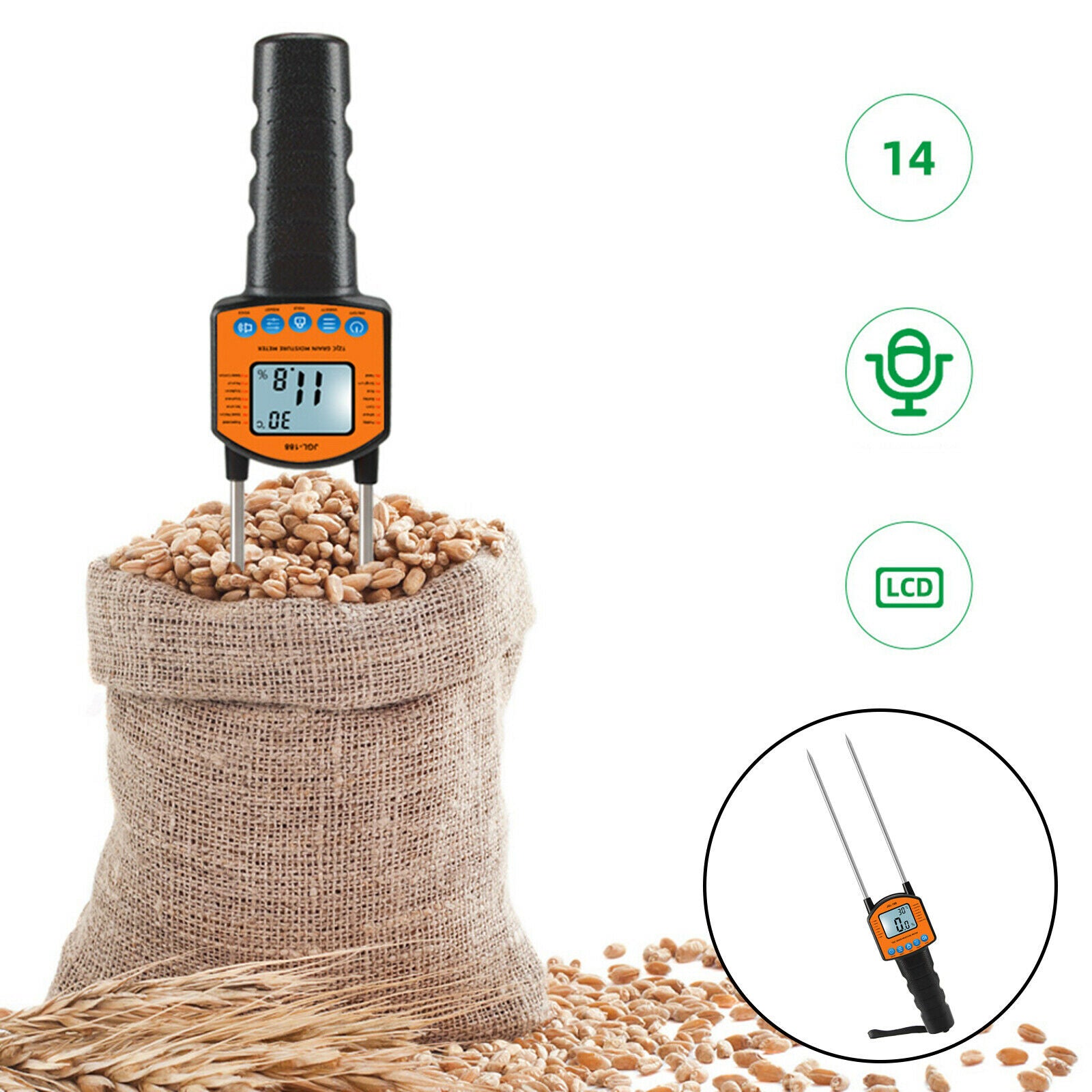 Cereal Moisturized Eater Temperature Water Content Tester 0-84% for Rice Wheat