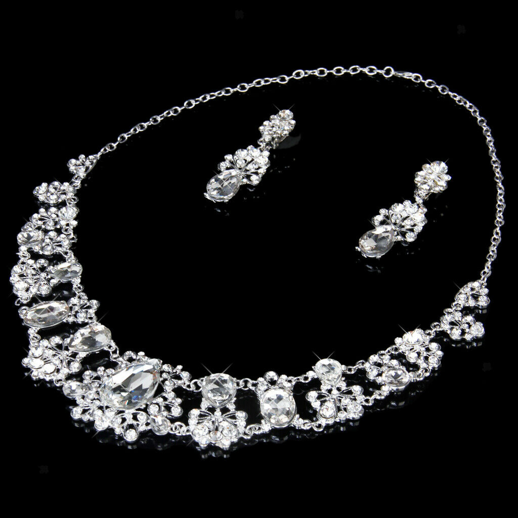 Luxurious Jewelry Diamante Crystal Necklace Earring Set for Bridal Wedding Party
