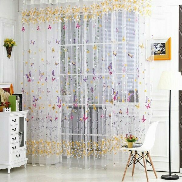 2x Colorful Buttefly Flower Sheer Voile Window Scarf