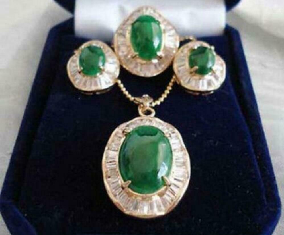18KGP Green Jade Cubic Zirconia Pendant Necklace Earrings Ring Set