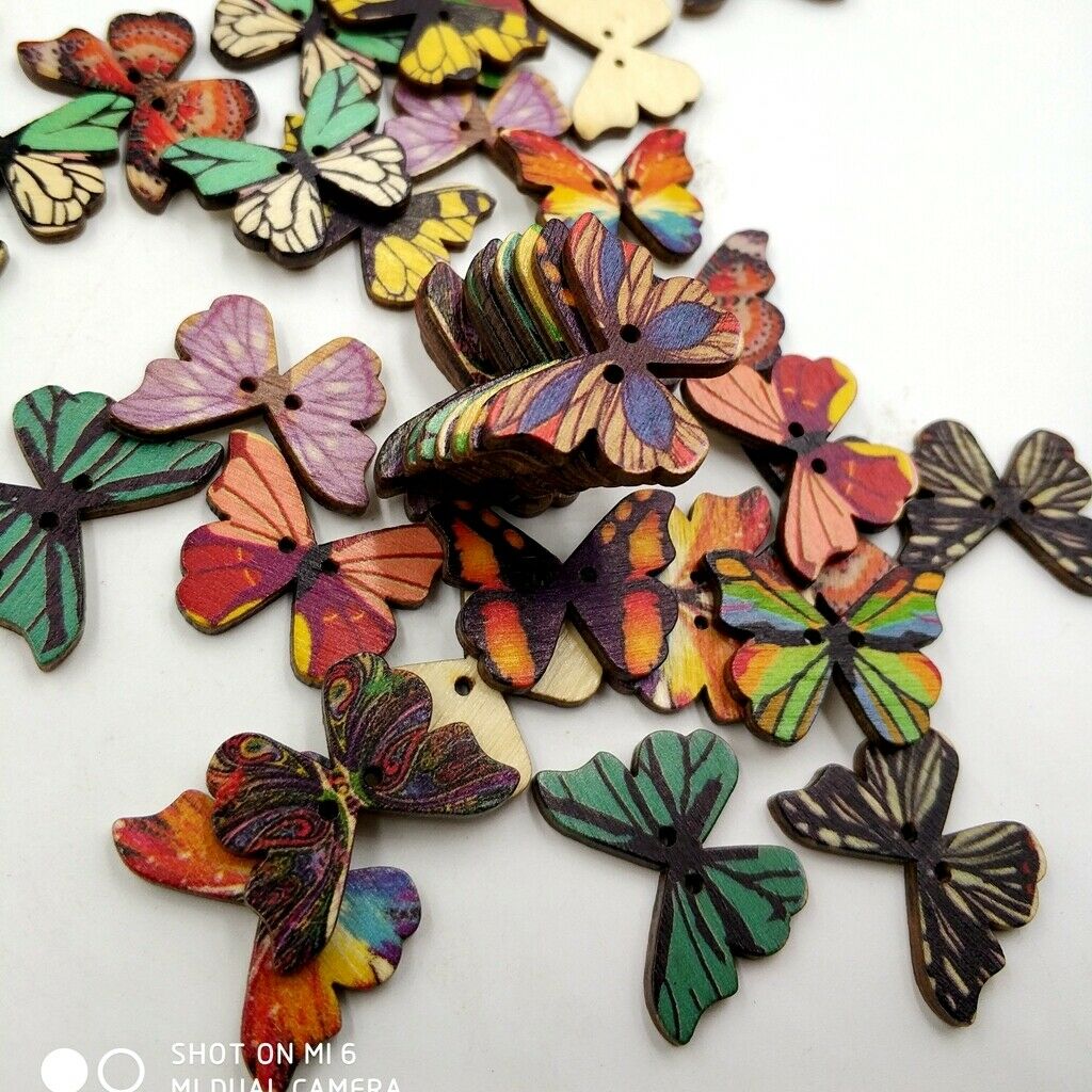 50pcs Mixed Butterfly Wood Buttons Clothing Decor Crafts Sewing Scrapbooking