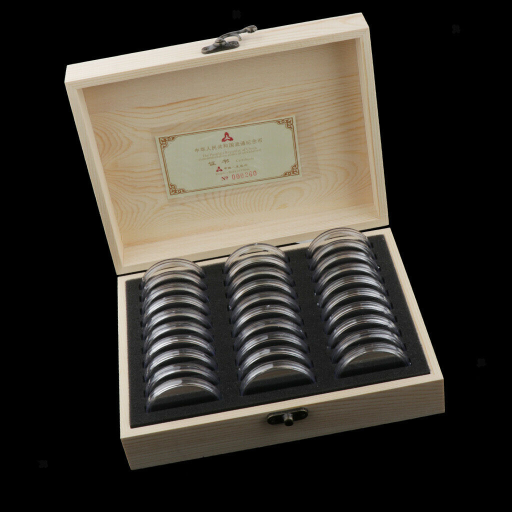 30pcs Transparent Coin Capsules Protection Display Holders with Wooden Box for