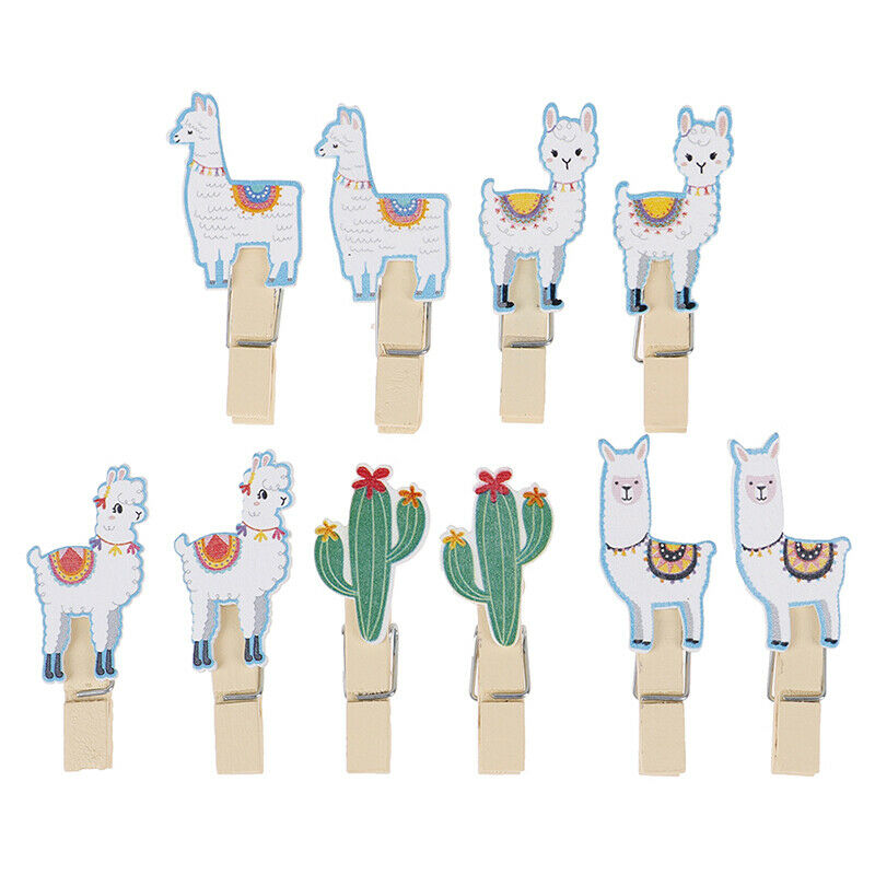 10pcs Cactus Alpaca Llamas Wooden Clips with Rope Photo Clips Hawaiian DH Qx