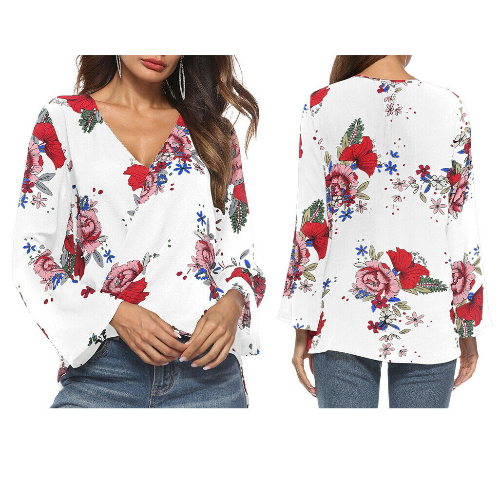Women's V-Neck Bell Sleeve Blouse Floral Print Wrap Front Top Shirt M White