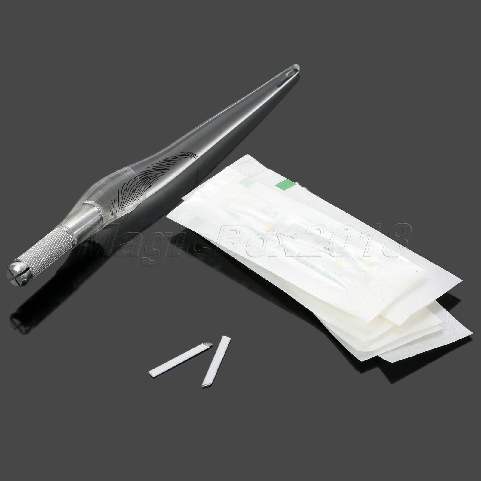 50Pcs Permanent Eyebrow Microblading 9 Pins Curved Blade Needles & Tattoo Pen