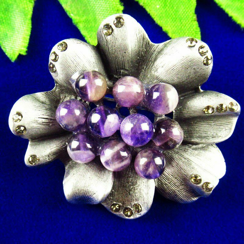 Natural Brazil Amethyst Beads Rhinestone Alloy Enamel Flower Brooch BL-79