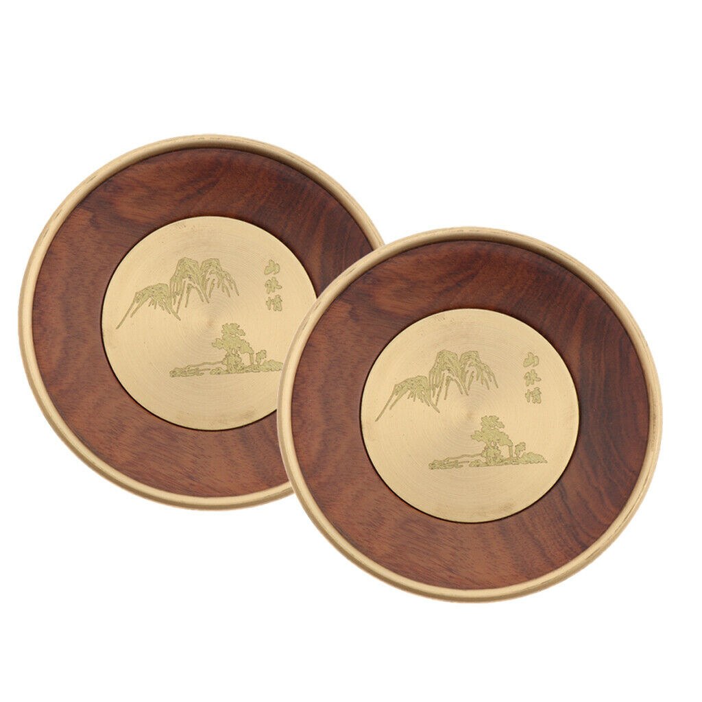 2 Pieces Wooden Tea Mat Copper Wrapped Edging Scenery Pattern