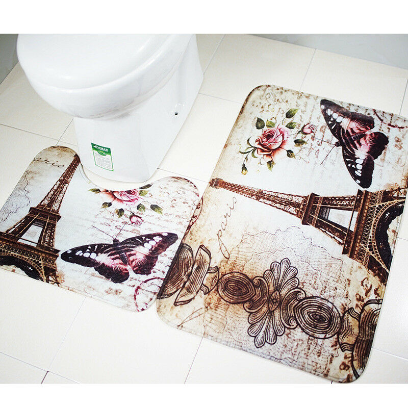 2Pcs/Set Paris Eiffel Tower Non-Slip Bathroom Toilet Pedestal Rug + Bath Mat HN