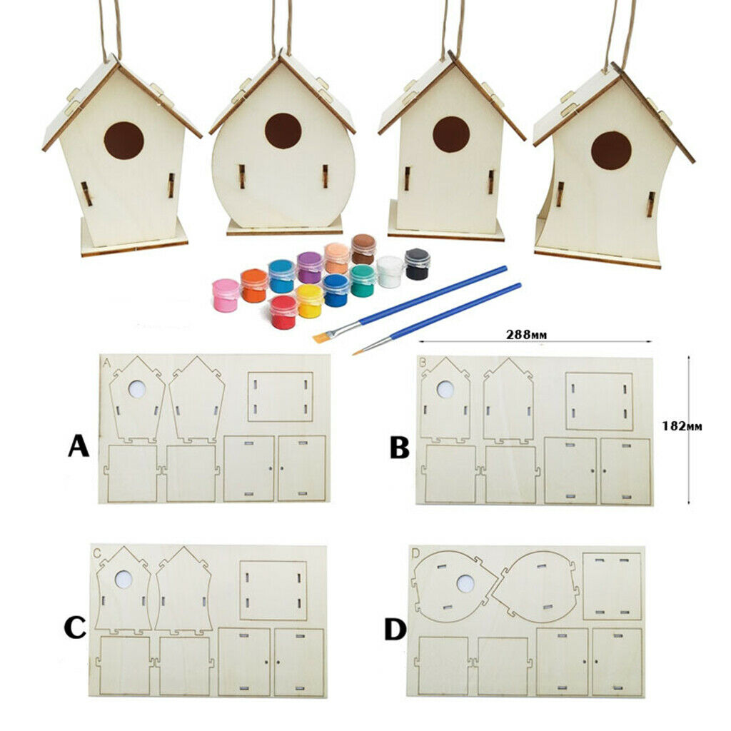 4x DIY Bird House Kit Hand Unfinished Build Paint Wooden Birdhouse Toddlers