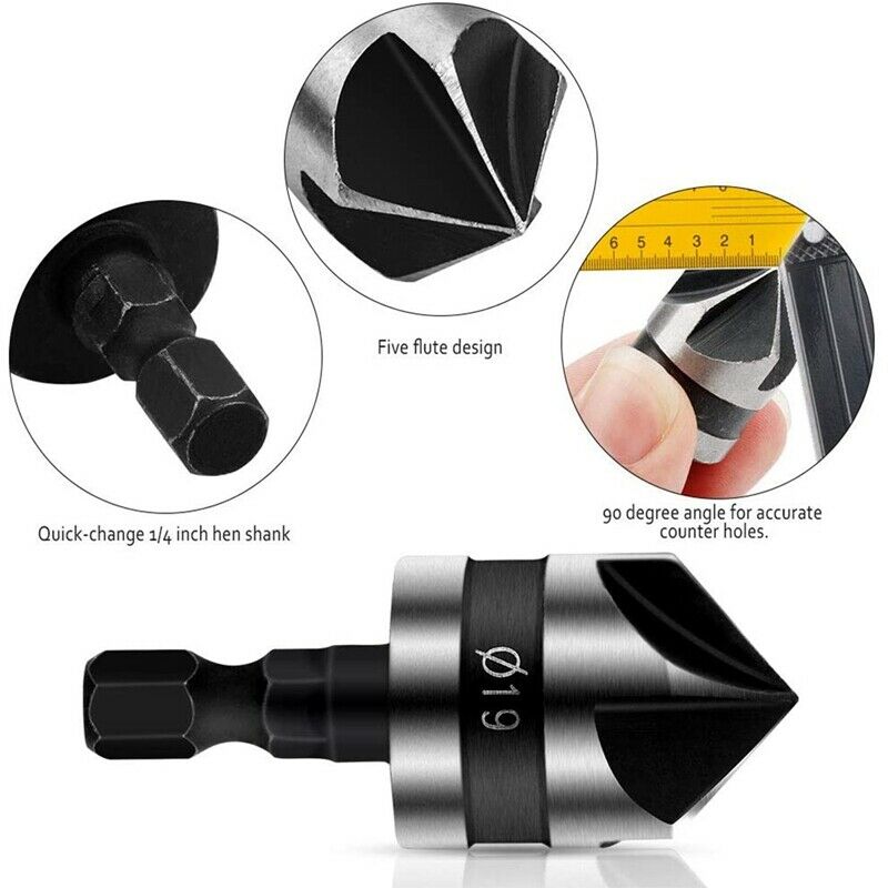 9PCS Countersink Set, Hex Shank Wood Drilling Bits 90 Degree Working 5 Flute PP9