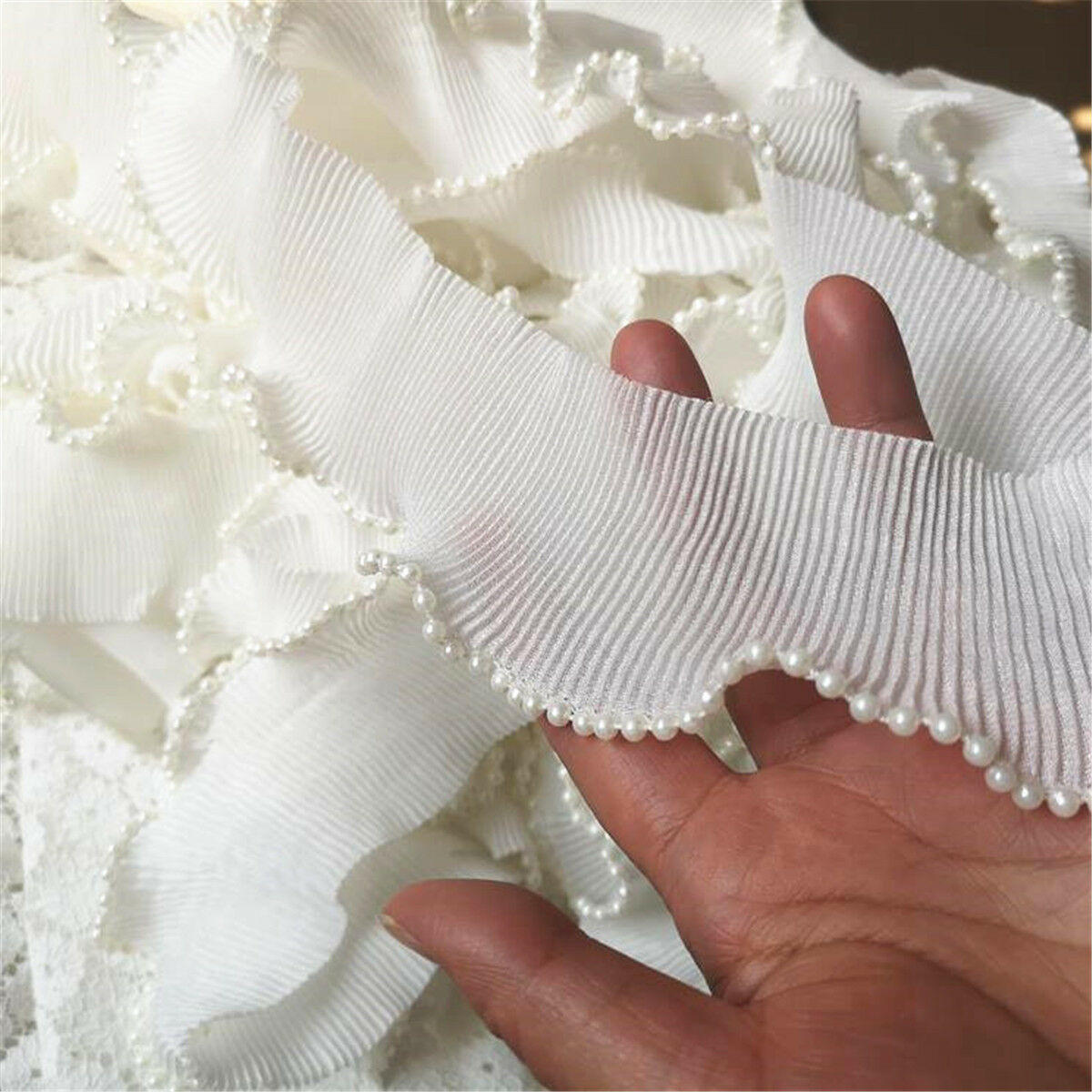 2 Yds Beaded Ruffle Chiffon Lace Trim Pleated Ribbon Collar Skirt Hem 6cm Width