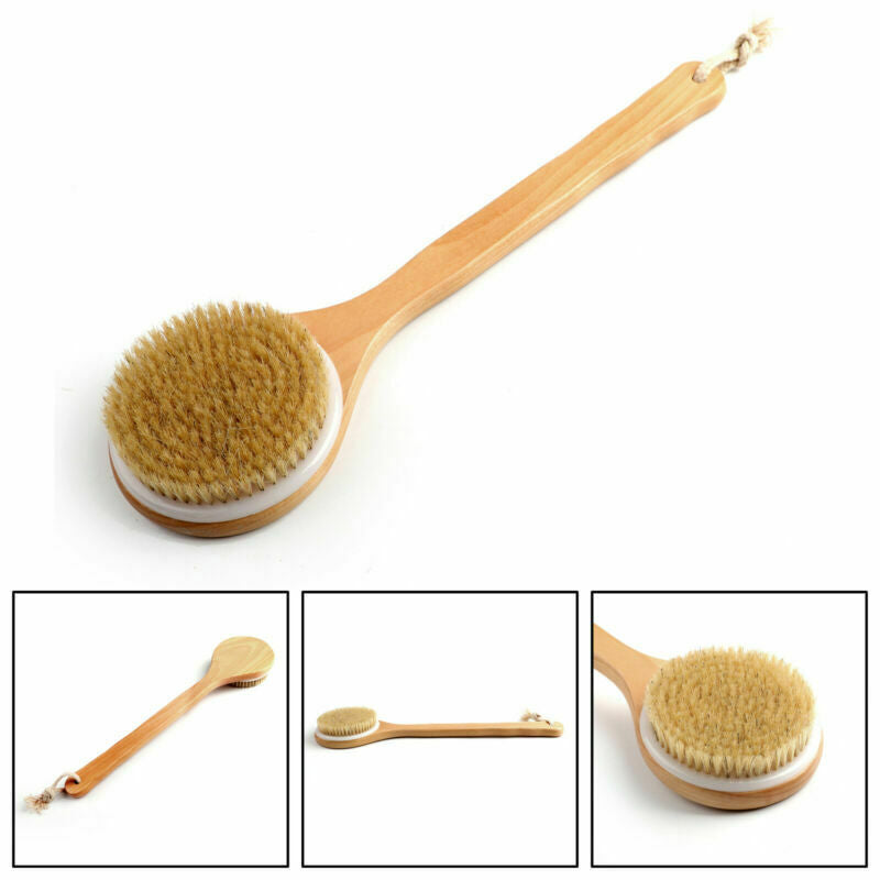 Premium Natural Boar Bristle Long Handle Wooden Bath Brush Shower Back SPA UA