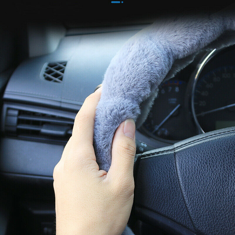 38CM Dia. Car Steering Wheel Cover Gray Winter Fur Wool Furry Fluffy Thick Warm
