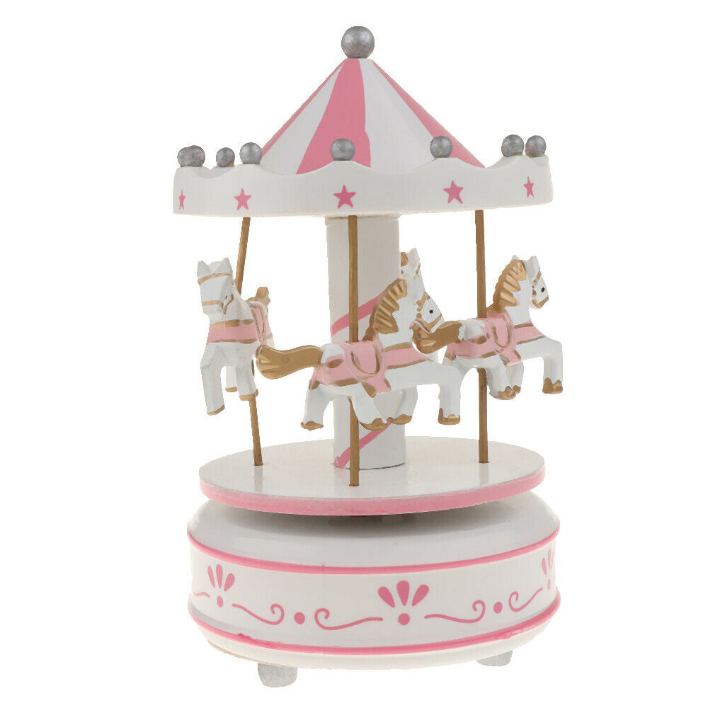 Wooden Merry-GO-Round Carousel Music Box  Wind Up Music Box  Pink