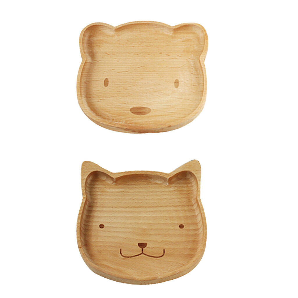 Natural Wooden Kids Plate Baby Feeding Set Includes Bear Cat Shape Animal Wood