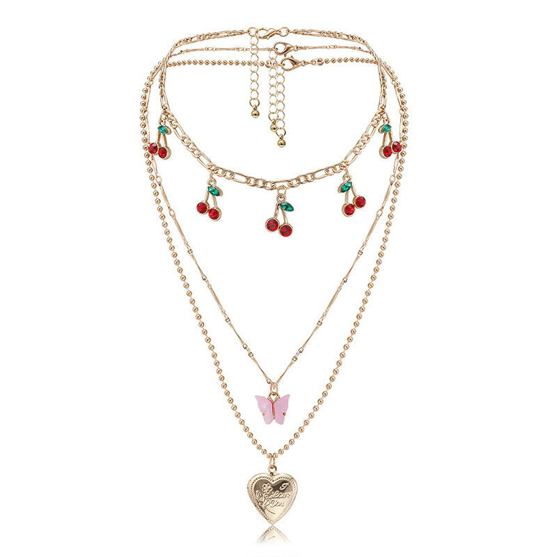 Acrylic Butterfly Heart Pendant Necklace Women Multilayer Cherry Choker J.l8