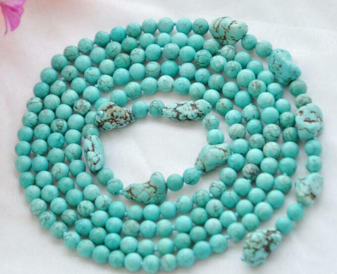 real 6mm round turquoise /blue baroque bead necklace 52" AAA