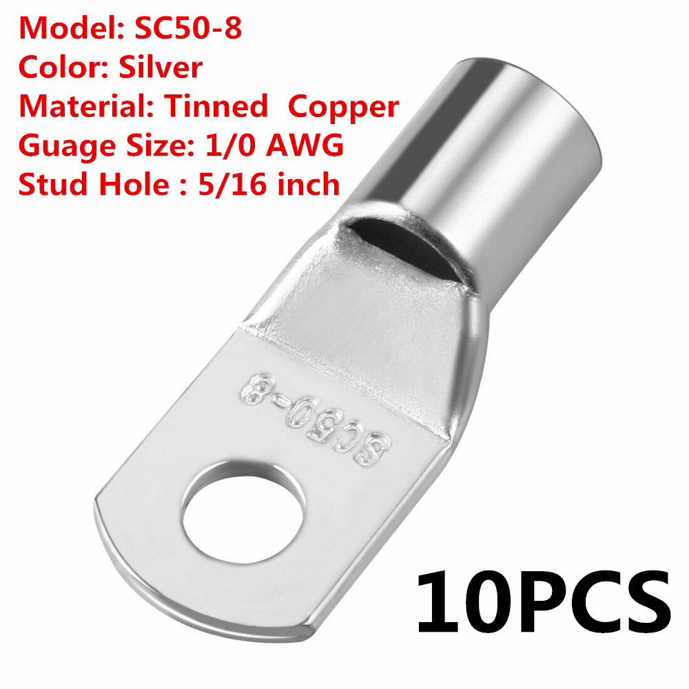 10PCS SC50-8 Tinned Copper Lug Battery Cable Connectors Terminals 1/0AWG 5/16"