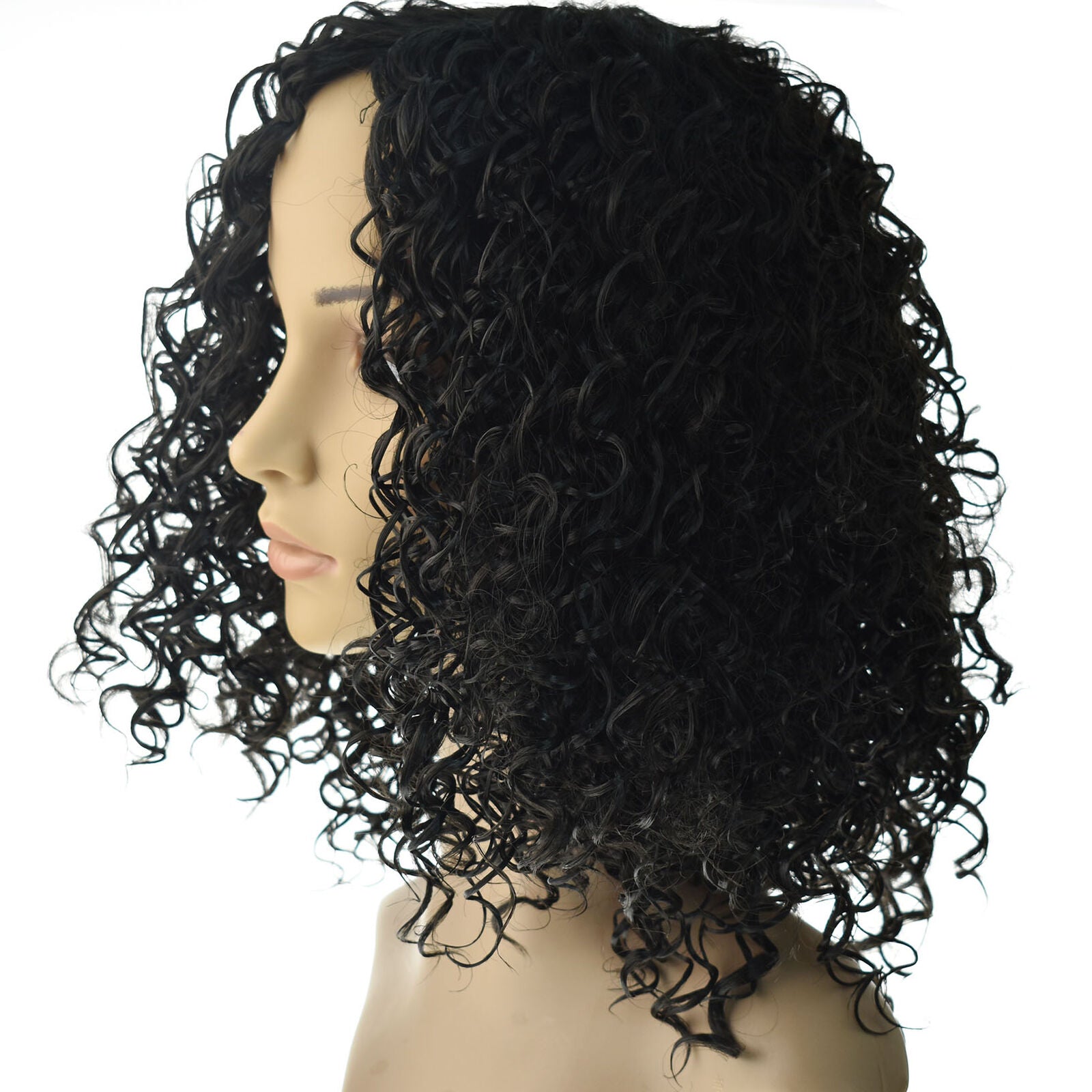 Women's Curly Wavy Short Wigs Dark Black Ladies Costume Synthetic Hair