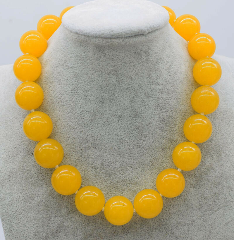 yellow jade round 20mm necklace  17.5"  beads big size nature gift
