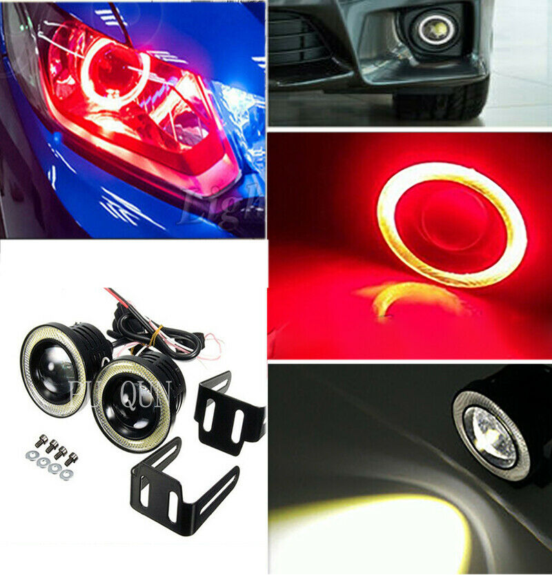 2x Car Fog Light Running Lamps Red/White COB Halo 3" Angel Eye Ring Hawkeye