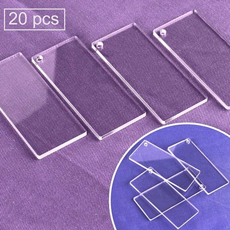 20Pcs Blank Keyrings Acrylic Clear Rectangle Discs Pendant Keychain DIY Making