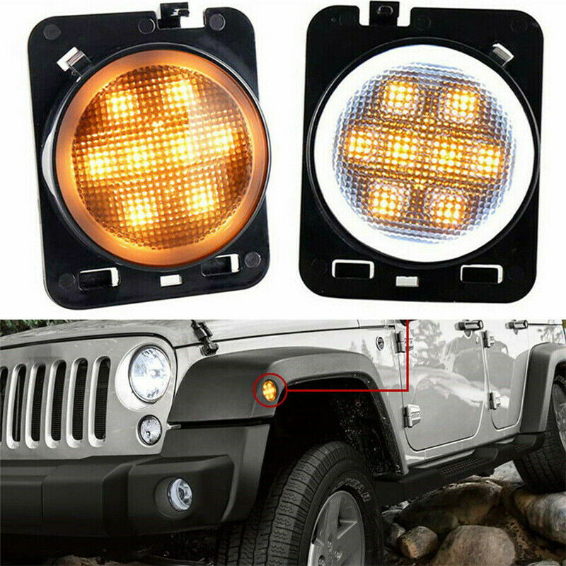 2PCS Front Fender Side Marker LED Lights w/ Angel Eye fit for Jeep Wrangler JK