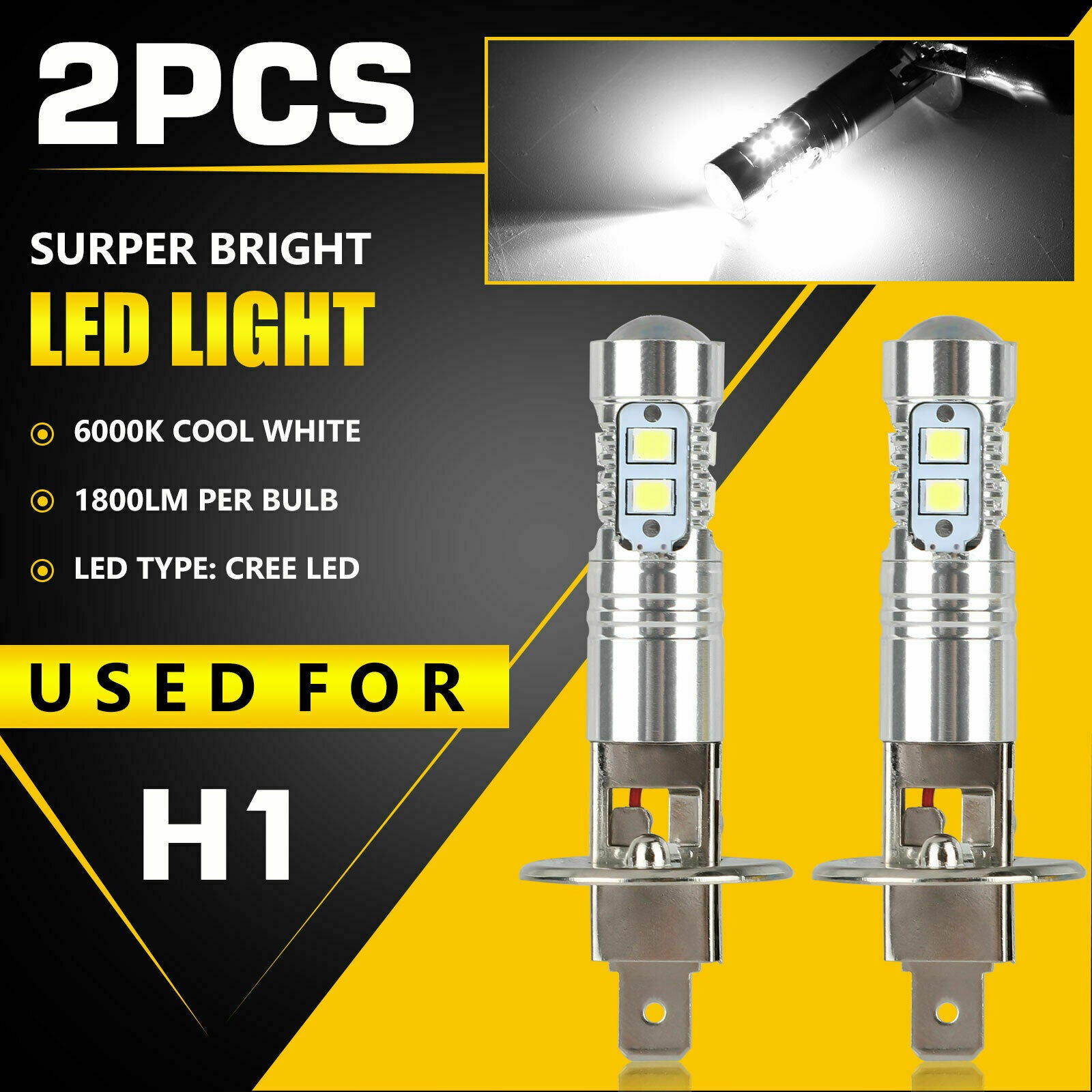 H1 LED Halogen Headlight Bulbs 6000K High Low Beam Light 100W Ultra White