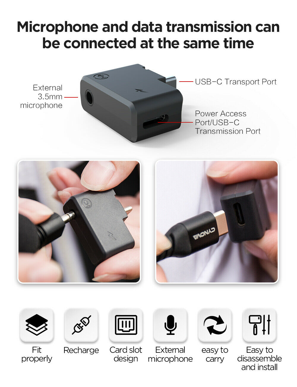 Dual 3.5mm USB-C Mic Adapter for Insta 360 ONE X2 Charging Audio Adapter parts